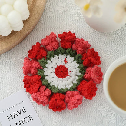 Handmade Crochet Flower Coaster Set | Foldable Floral Coasters with Storage Basket, Table Decor Gift
