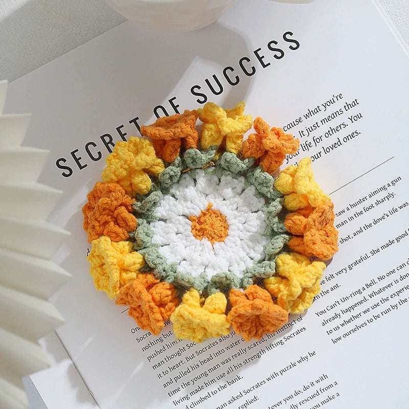 Handmade Crochet Flower Coaster Set | Foldable Floral Coasters with Storage Basket, Table Decor Gift