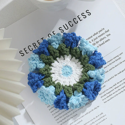 Handmade Crochet Flower Coaster Set | Foldable Floral Coasters with Storage Basket, Table Decor Gift