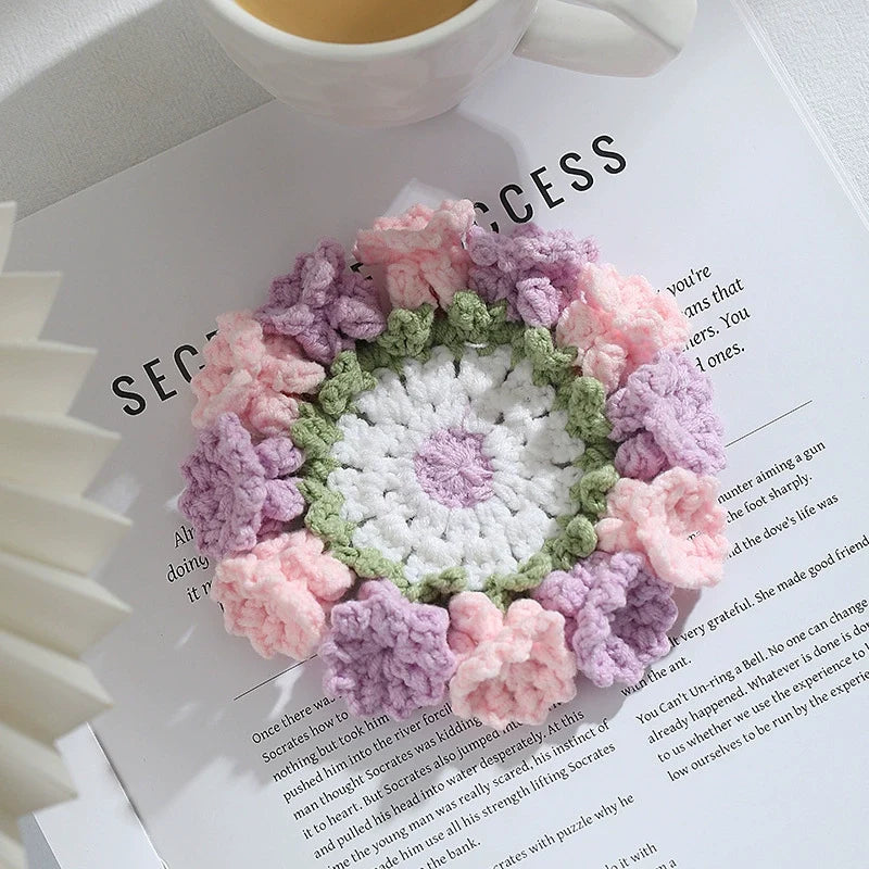 Handmade Crochet Flower Coaster Set | Foldable Floral Coasters with Storage Basket, Table Decor Gift