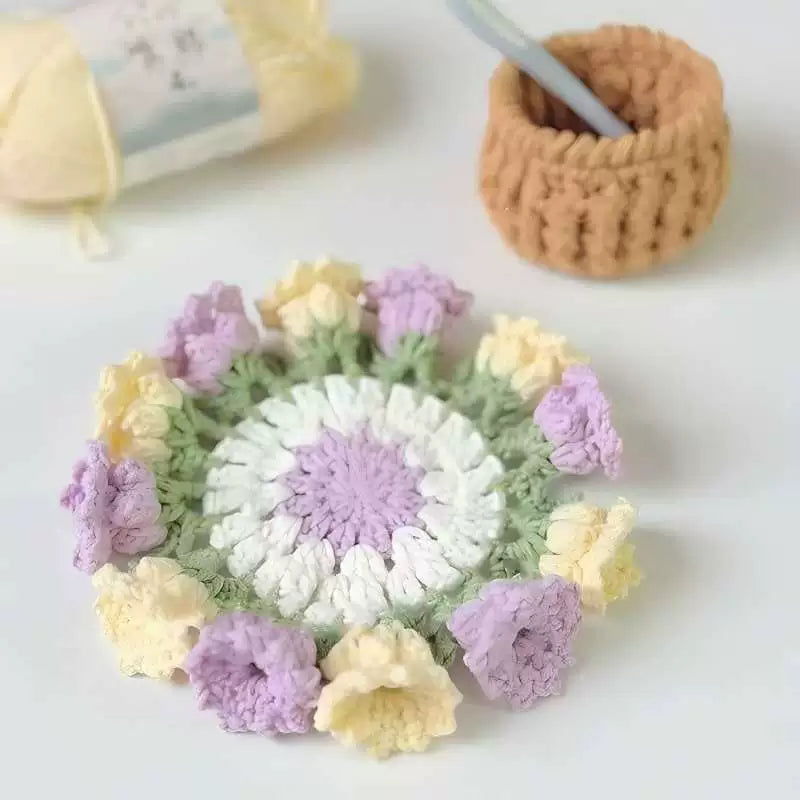 Handmade Crochet Flower Coaster Set | Foldable Floral Coasters with Storage Basket, Table Decor Gift