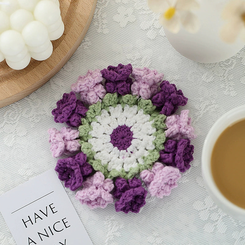Handmade Crochet Flower Coaster Set | Foldable Floral Coasters with Storage Basket, Table Decor Gift