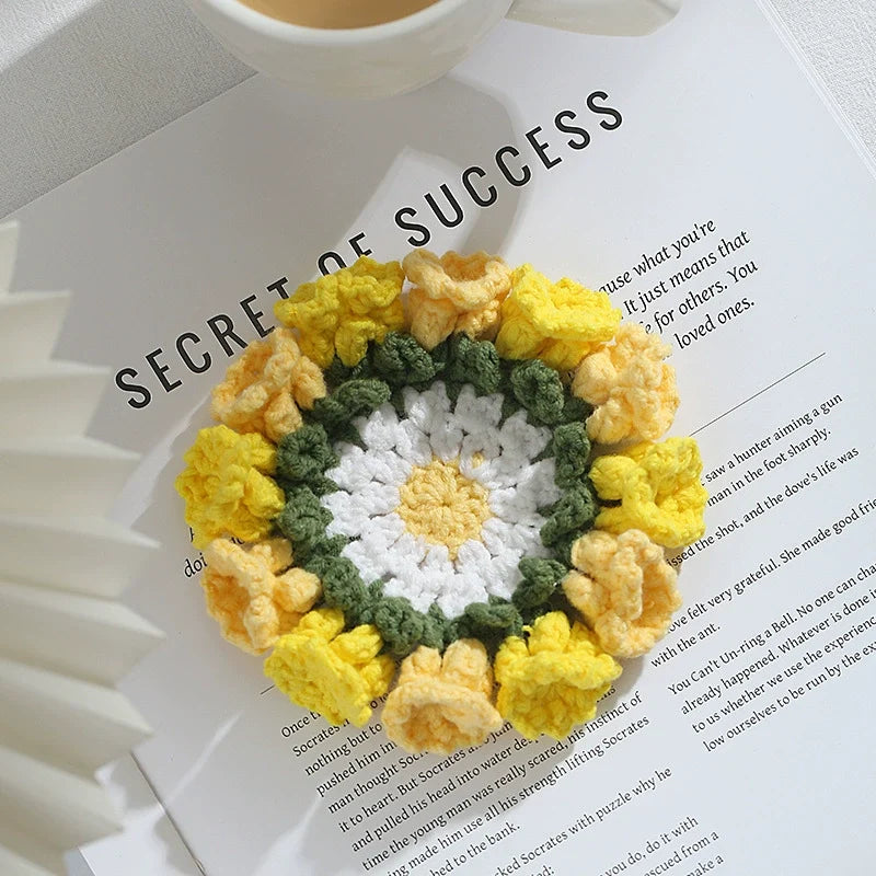 Handmade Crochet Flower Coaster Set | Foldable Floral Coasters with Storage Basket, Table Decor Gift