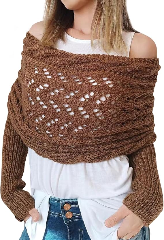 Scarf with Sleeves Knitted Cable Wrap, Multifunctional Knitted Crochet Shrugs