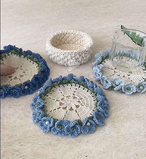 Handmade Crochet Flower Coaster Set | Foldable Floral Coasters with Storage Basket, Table Decor Gift