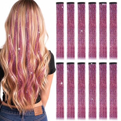 12 Pieces Coloured Clip-In Hair Extensions, Synthetic Long Straight Sequins